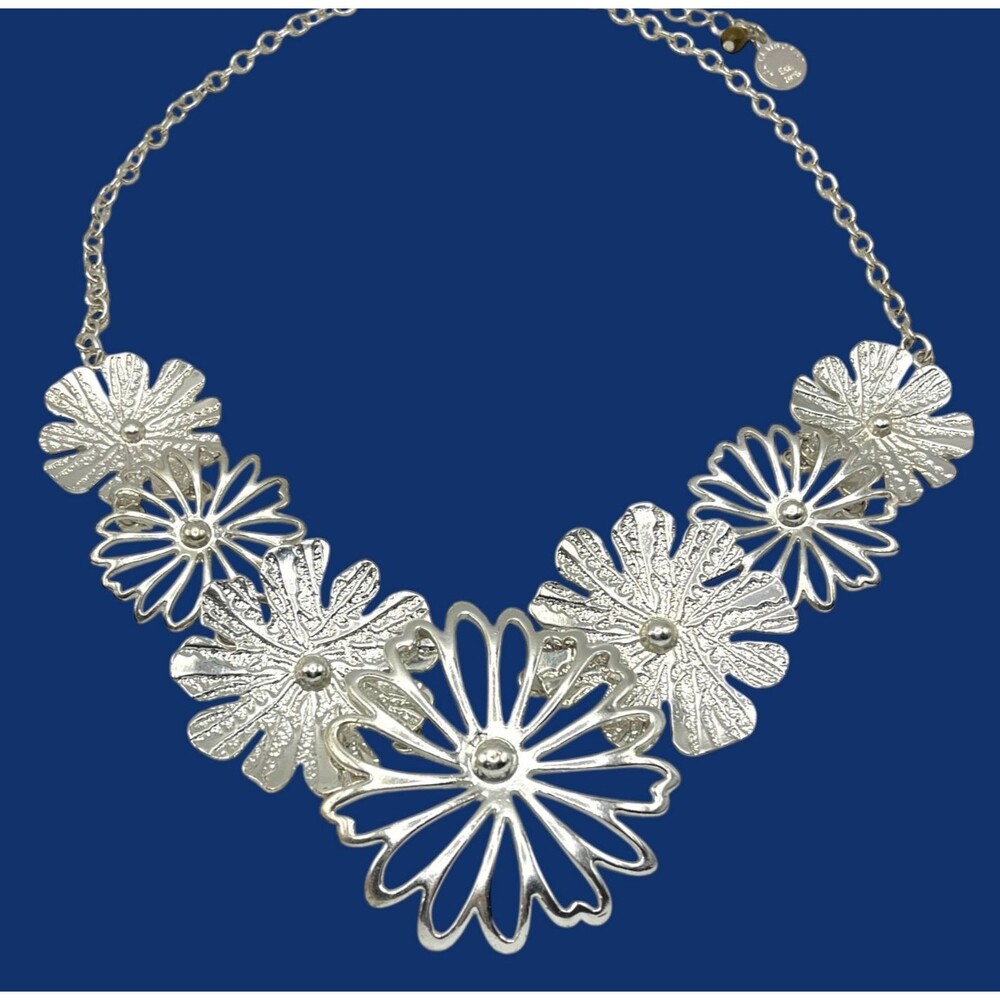 Liz Claiborne Flower Statement Necklace Silver Tone Flower Links Bib Retro 18"